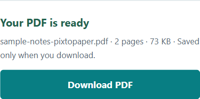 Mobile download result showing sample-notes-pixtopaper.pdf, two pages and the Download PDF button.
