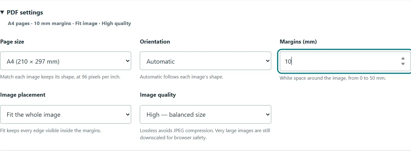 PixToPaper PDF settings with A4 paper, Automatic orientation, 10 mm margins, Fit the whole image and High quality selected.